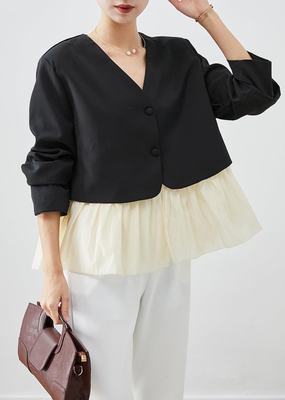 Drune | Schwarze V-Ausschnitt Patchwork Spandex Mäntel