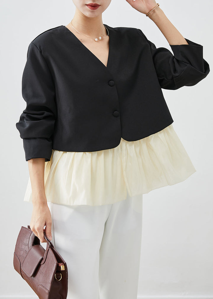 Drune | Schwarze V-Ausschnitt Patchwork Spandex Mäntel
