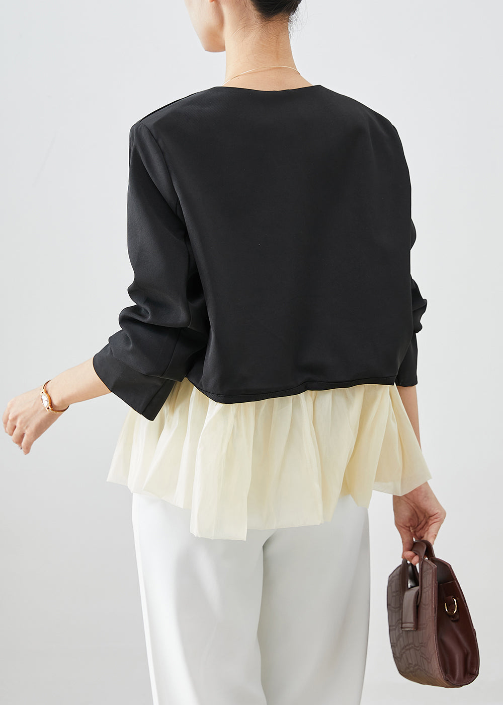 Drune | Schwarze V-Ausschnitt Patchwork Spandex Mäntel