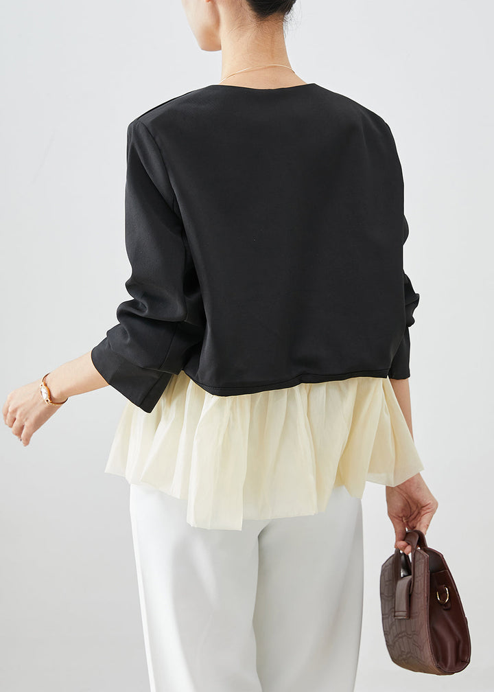 Drune | Schwarze V-Ausschnitt Patchwork Spandex Mäntel