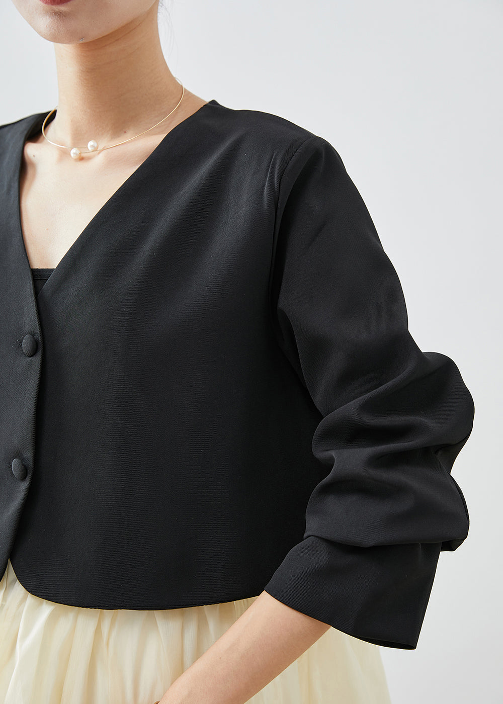 Drune | Schwarze V-Ausschnitt Patchwork Spandex Mäntel