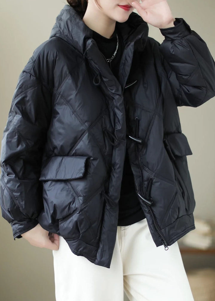 Drune | Schwarze Kapuzenjacke mit Reißverschluss Lässige Winterente Daunenwintermäntel