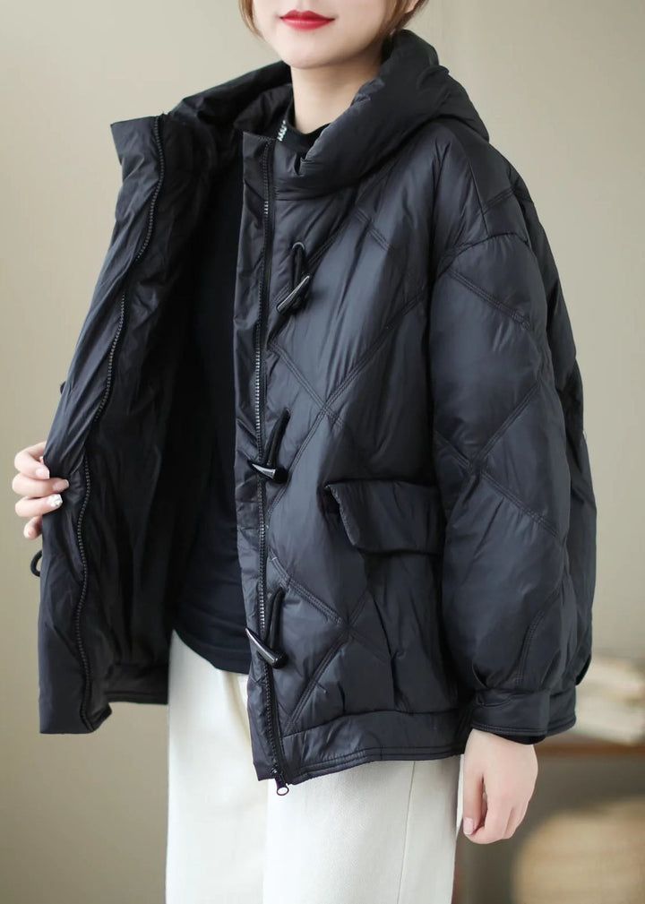 Drune | Schwarze Kapuzenjacke mit Reißverschluss Lässige Winterente Daunenwintermäntel