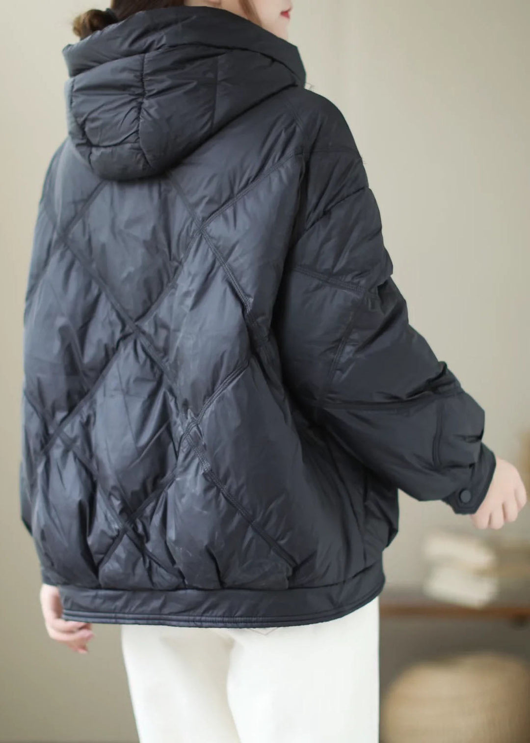 Drune | Schwarze Kapuzenjacke mit Reißverschluss Lässige Winterente Daunenwintermäntel