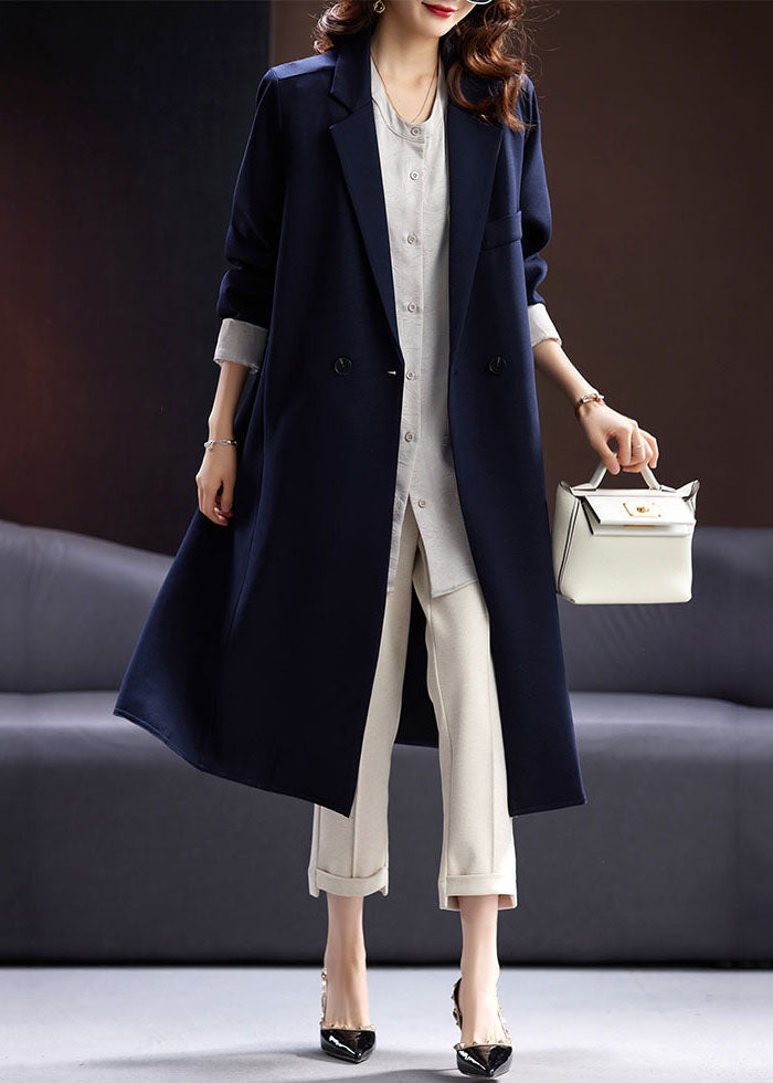 Drune | Blaues Notched Button Taschen Lange Mäntel