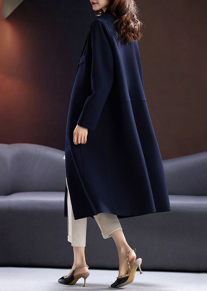 Drune | Blaues Notched Button Taschen Lange Mäntel