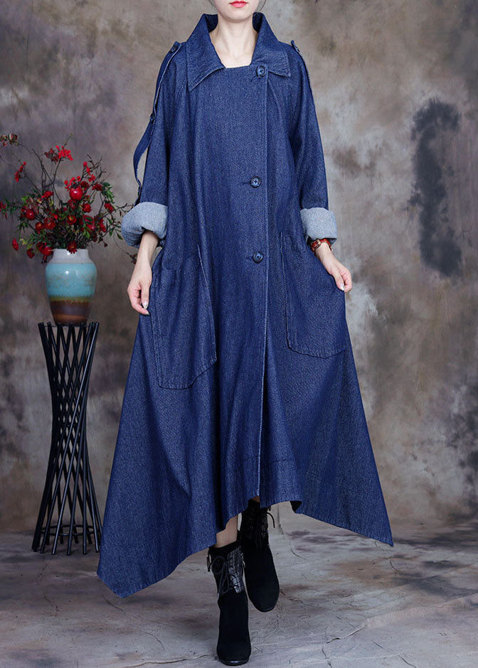 Drune | Blauer asymmetrischer Design-Button Peter Pan Kragen Baumwoll-Denim-Trenchcoats