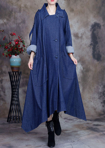 Drune | Blauer asymmetrischer Design-Button Peter Pan Kragen Baumwoll-Denim-Trenchcoats