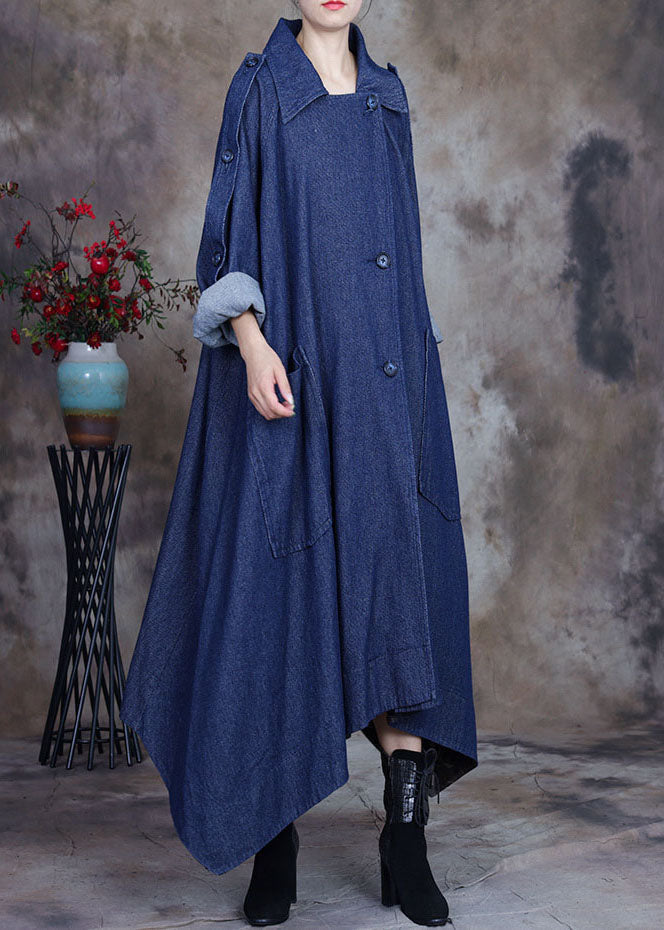 Drune | Blauer asymmetrischer Design-Button Peter Pan Kragen Baumwoll-Denim-Trenchcoats