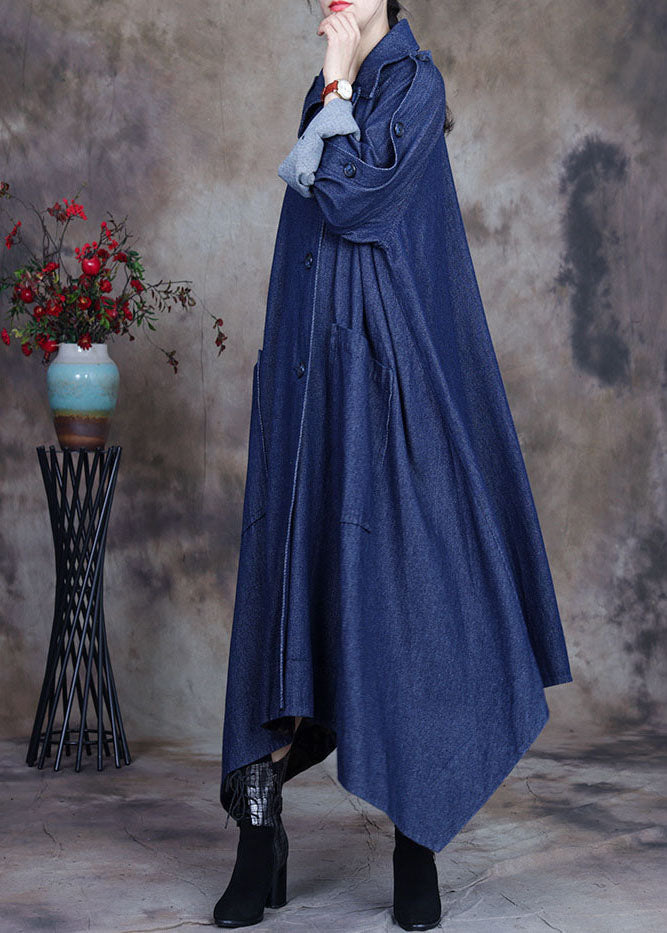 Drune | Blauer asymmetrischer Design-Button Peter Pan Kragen Baumwoll-Denim-Trenchcoats