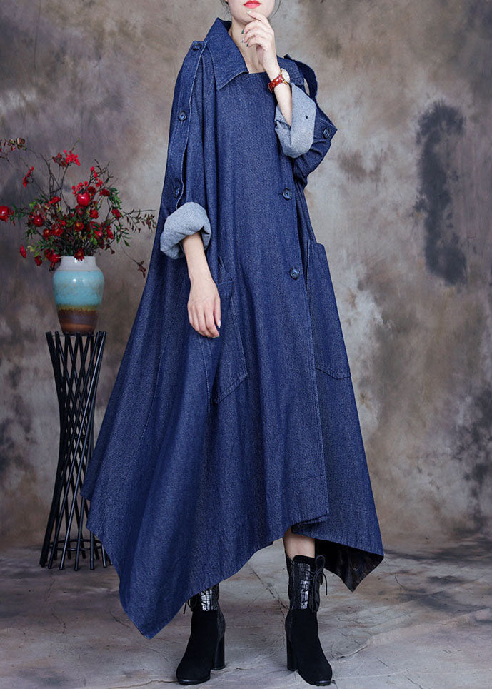 Drune | Blauer asymmetrischer Design-Button Peter Pan Kragen Baumwoll-Denim-Trenchcoats