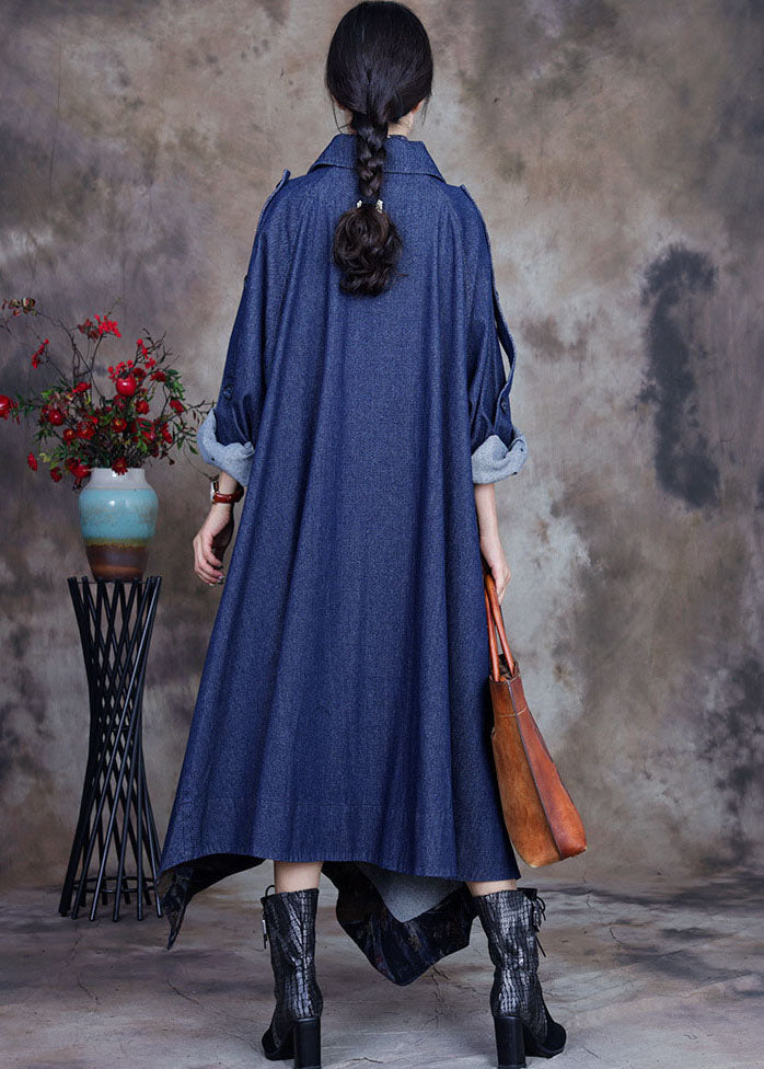 Drune | Blauer asymmetrischer Design-Button Peter Pan Kragen Baumwoll-Denim-Trenchcoats
