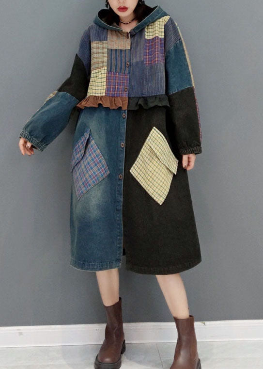 Drune | Blaue Knopf Kapuzen Taschen Patchwork Denim Mäntel
