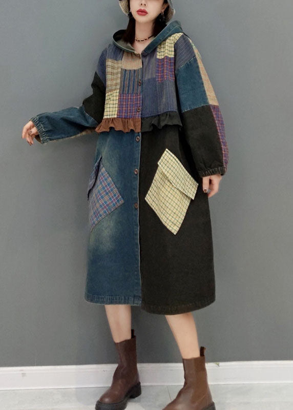 Drune | Blaue Knopf Kapuzen Taschen Patchwork Denim Mäntel
