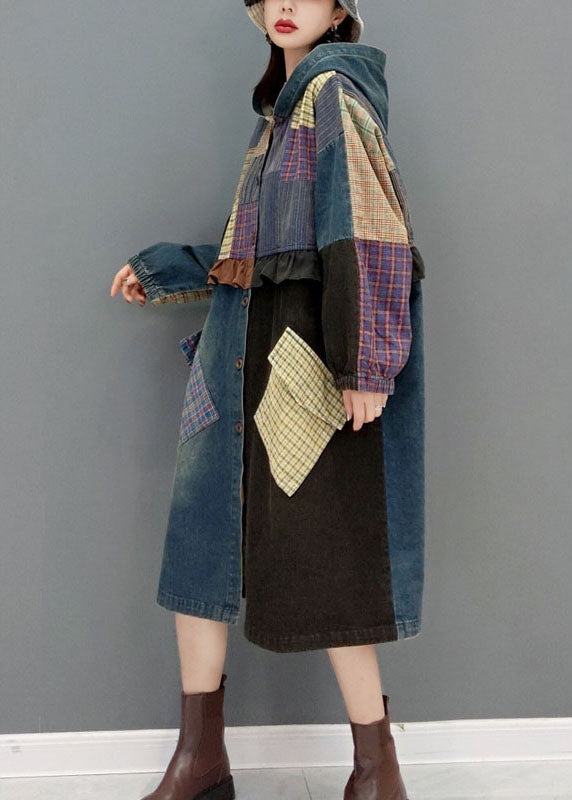 Drune | Blaue Knopf Kapuzen Taschen Patchwork Denim Mäntel
