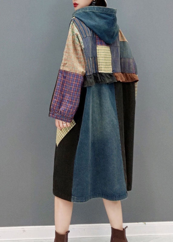 Drune | Blaue Knopf Kapuzen Taschen Patchwork Denim Mäntel