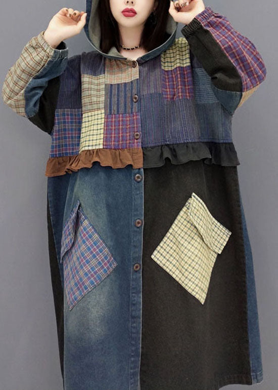Drune | Blaue Knopf Kapuzen Taschen Patchwork Denim Mäntel