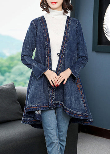Drune | Blaue Low High Design V-Ausschnitt bestickte Baumwolle Denim Trenchcoats Langarm