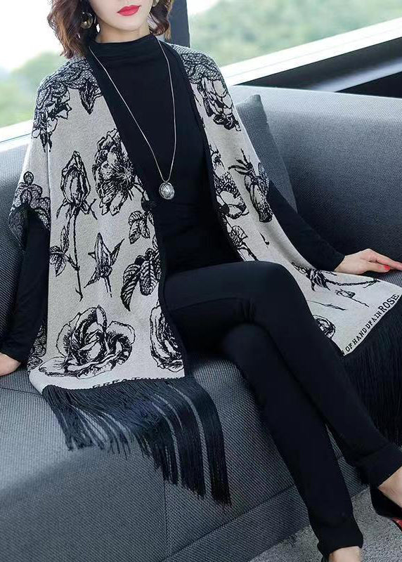 Drune | Grauer V-Ausschnitt Fransen Druck Patchwork Strickmäntel