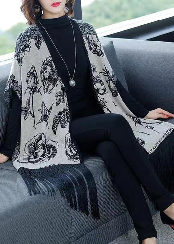 Drune | Grauer V-Ausschnitt Fransen Druck Patchwork Strickmäntel