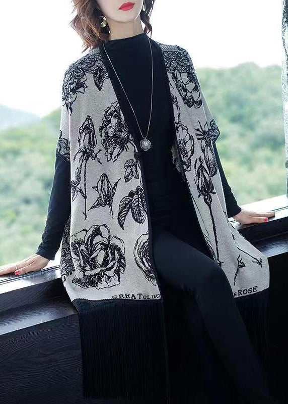 Drune | Grauer V-Ausschnitt Fransen Druck Patchwork Strickmäntel