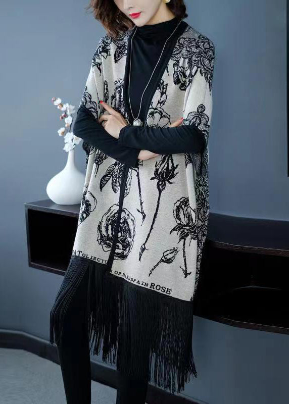 Drune | Grauer V-Ausschnitt Fransen Druck Patchwork Strickmäntel