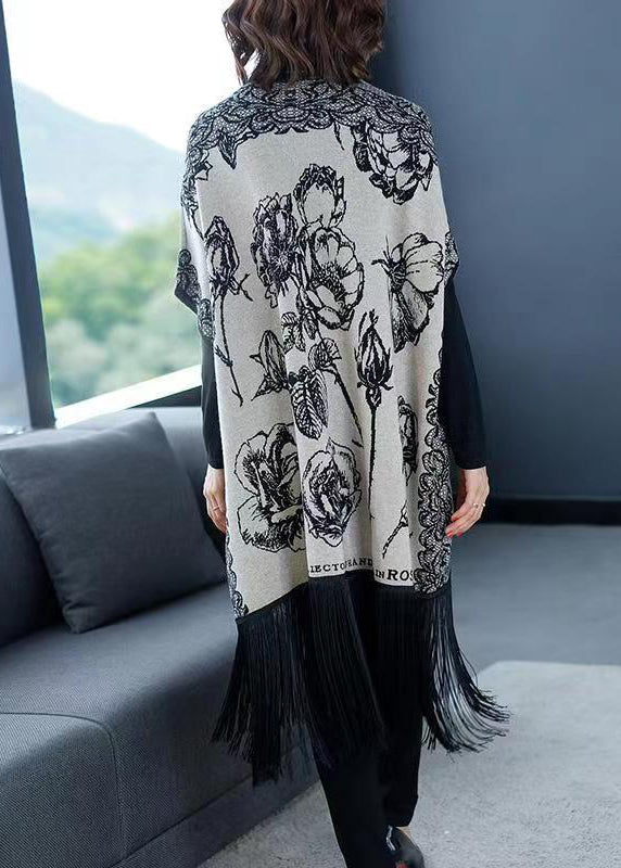 Drune | Grauer V-Ausschnitt Fransen Druck Patchwork Strickmäntel
