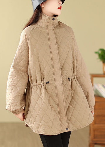 Drune | Khaki Stehkragen Kordelzug Reißverschlusstaschen Einfarbige Parkas Mäntel Winter
