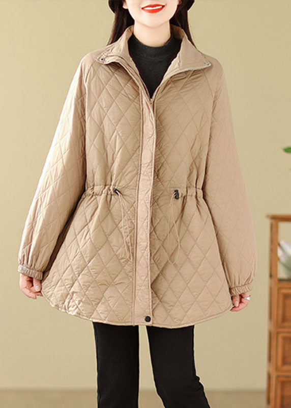 Drune | Khaki Stehkragen Kordelzug Reißverschlusstaschen Einfarbige Parkas Mäntel Winter