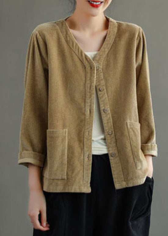 Drune | Khaki Knopf V-Ausschnitt Cordjacken