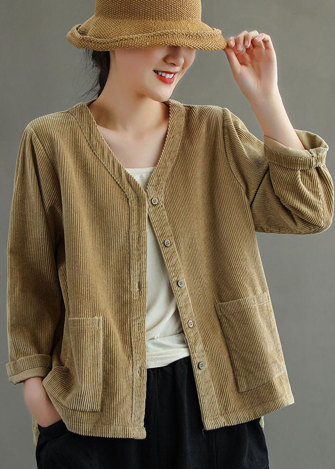 Drune | Khaki Knopf V-Ausschnitt Cordjacken