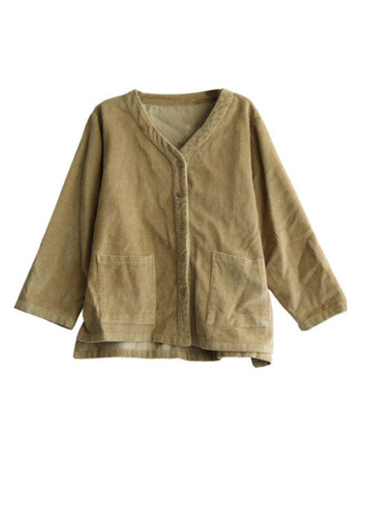 Drune | Khaki Knopf V-Ausschnitt Cordjacken