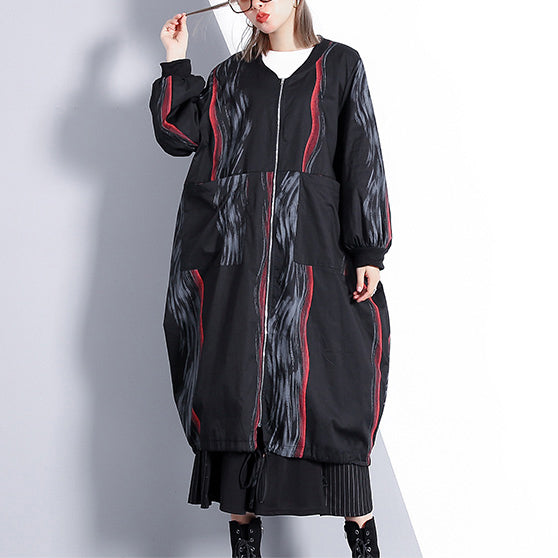 Drune | schwarzer Druckmantel übergroße Stehkragen Cardigans Elegante taillierte baggy Mäntel