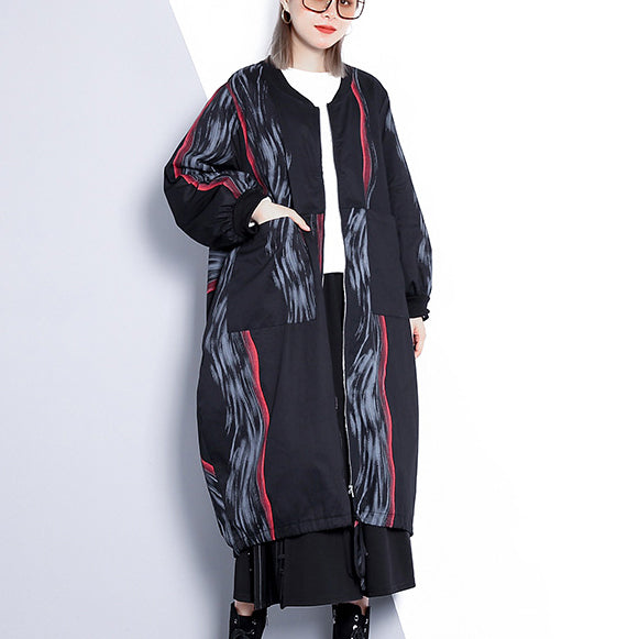 Drune | schwarzer Druckmantel übergroße Stehkragen Cardigans Elegante taillierte baggy Mäntel