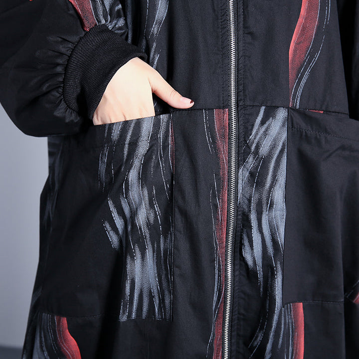 Drune | schwarzer Druckmantel übergroße Stehkragen Cardigans Elegante taillierte baggy Mäntel