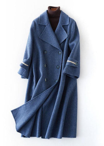 Drune | übergroßer langer Wintermantel Doppelbrust-Outwear Denim Blau Eingekerbte Wolle Jacken