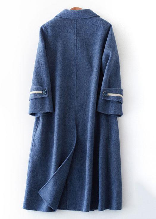 Drune | übergroßer langer Wintermantel Doppelbrust-Outwear Denim Blau Eingekerbte Wolle Jacken