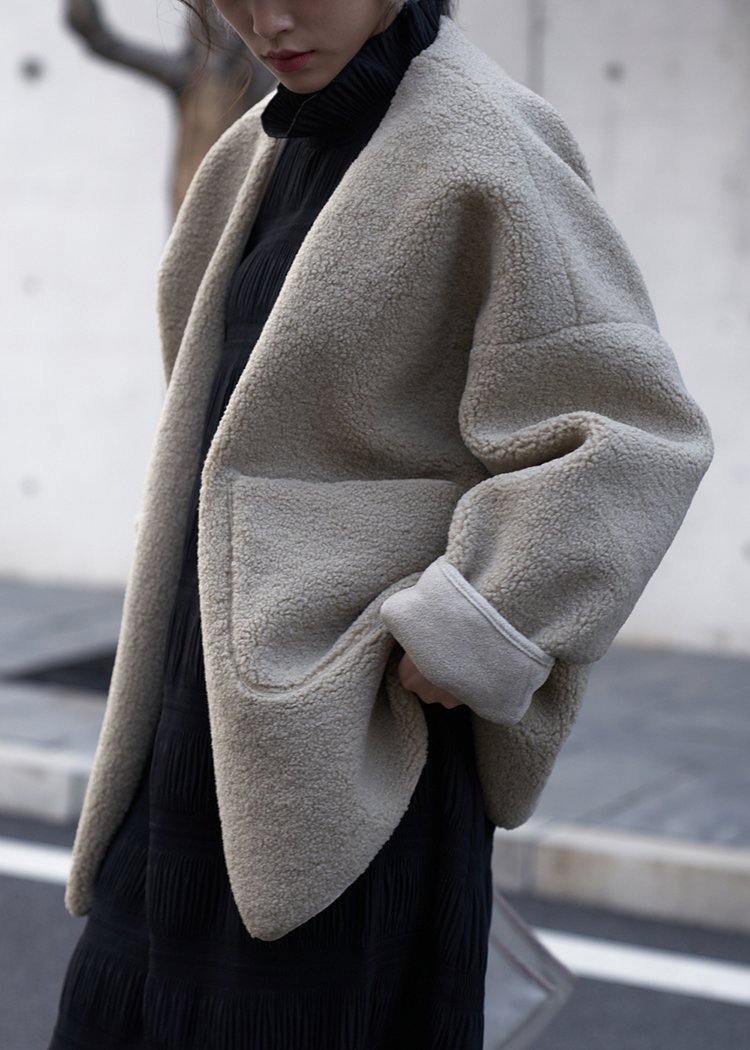 Drune | Plus-Size-Bekleidung Mäntel Frauen Mäntel nude V-Ausschnitt Taschen Wollmantel
