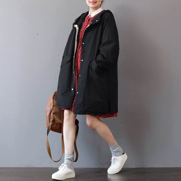 Drune | schwarzer Wintermantel lockerer Kapuzenmantel Boutique große Taschen lange Jacken