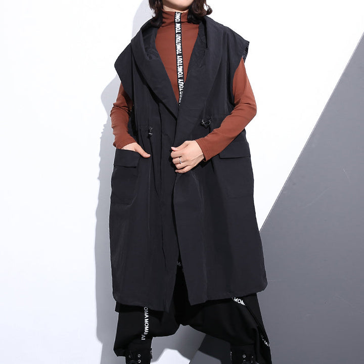 Drune | schwarze Baumwollmischung Tops Übergrößen Kapuzenbindung Taille Kleidung Tops Elegante ärmellose Mäntel