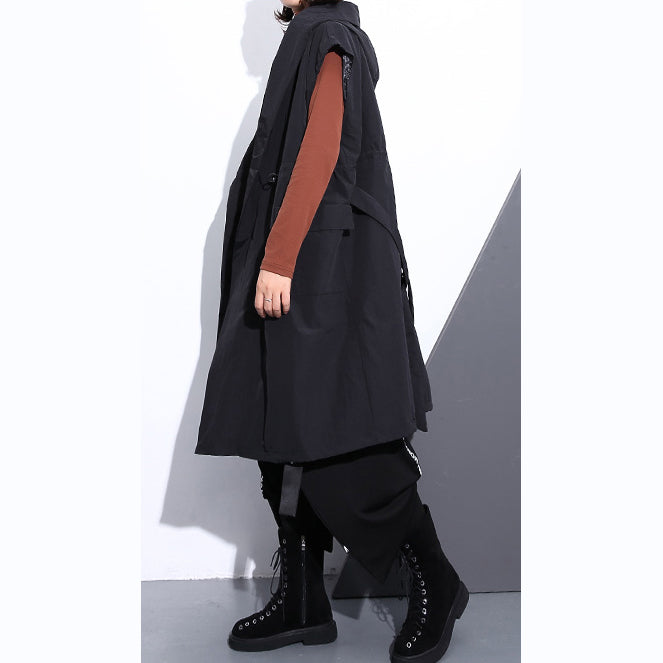 Drune | schwarze Baumwollmischung Tops Übergrößen Kapuzenbindung Taille Kleidung Tops Elegante ärmellose Mäntel