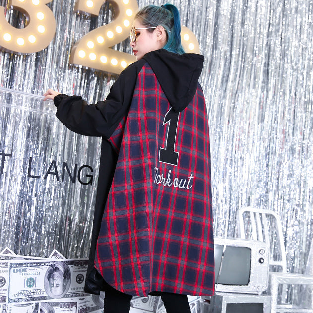 Drune | schwarzer Patchwork-Maxi-Mantel trendiger Plus-Size Kapuzenwinter