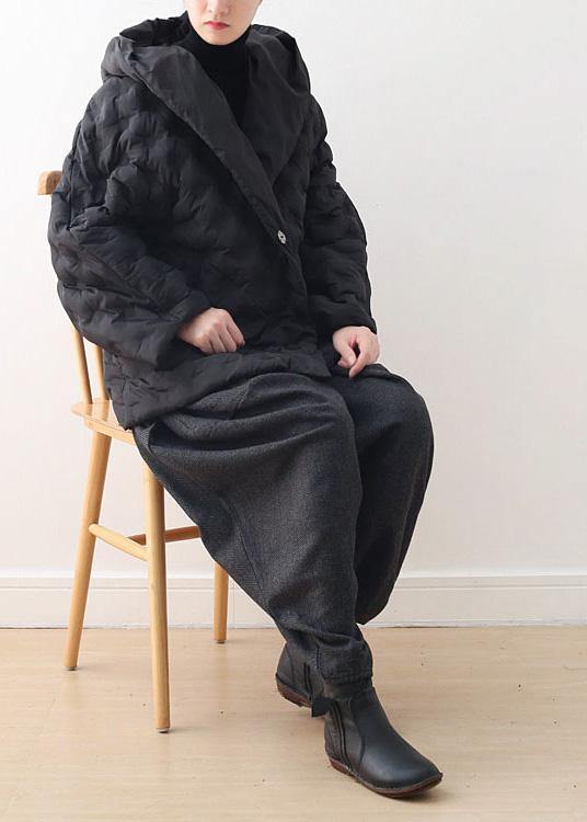 Drune | schwarzer Kurz-Gänsedaunenmantel oversize mit Kapuze Damenparka mit Kordelzug warme Jacken