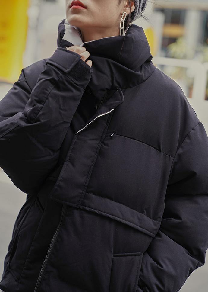 Drune | schwarze Winteroberbekleidung Locker sitzende Jacken Stehkragen Patchwork Oberbekleidung