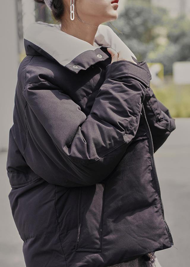 Drune | schwarze Winteroberbekleidung Locker sitzende Jacken Stehkragen Patchwork Oberbekleidung