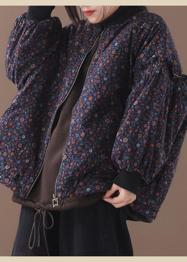 Drune | blaue florale Mäntel für Damen Locker sitzende Winterjacke mit Reißverschluss Patchwork Rundhalsausschnitt