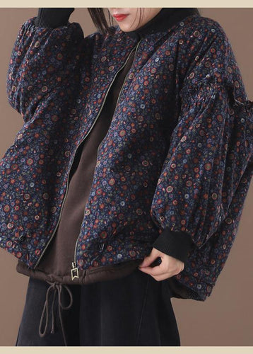 Drune | blaue florale Mäntel für Damen Locker sitzende Winterjacke mit Reißverschluss Patchwork Rundhalsausschnitt