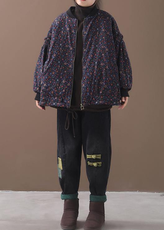 Drune | blaue florale Mäntel für Damen Locker sitzende Winterjacke mit Reißverschluss Patchwork Rundhalsausschnitt