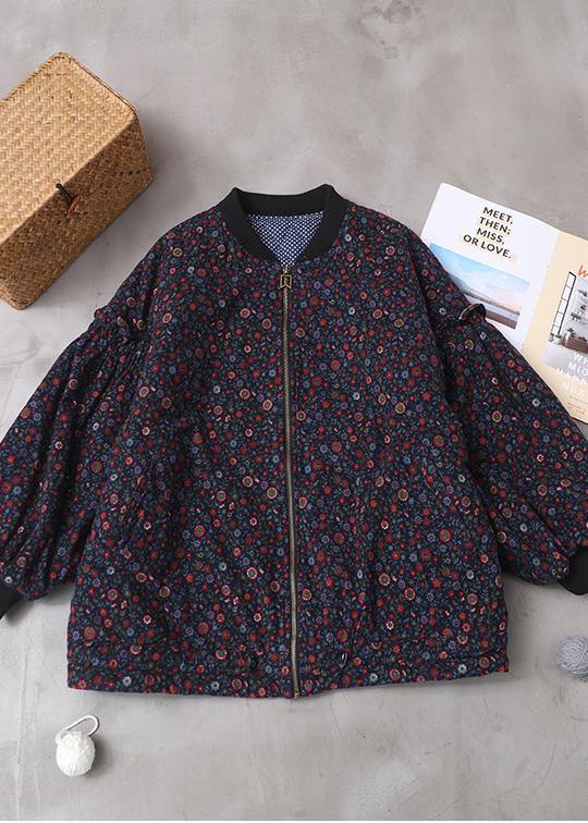 Drune | blaue florale Mäntel für Damen Locker sitzende Winterjacke mit Reißverschluss Patchwork Rundhalsausschnitt