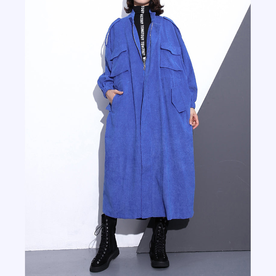 Drune | blauer langer Mantel Übergröße Stehkragen Reißverschluss Trenchcoat Boutique lange Ärmel Taschen weite lange Mäntel